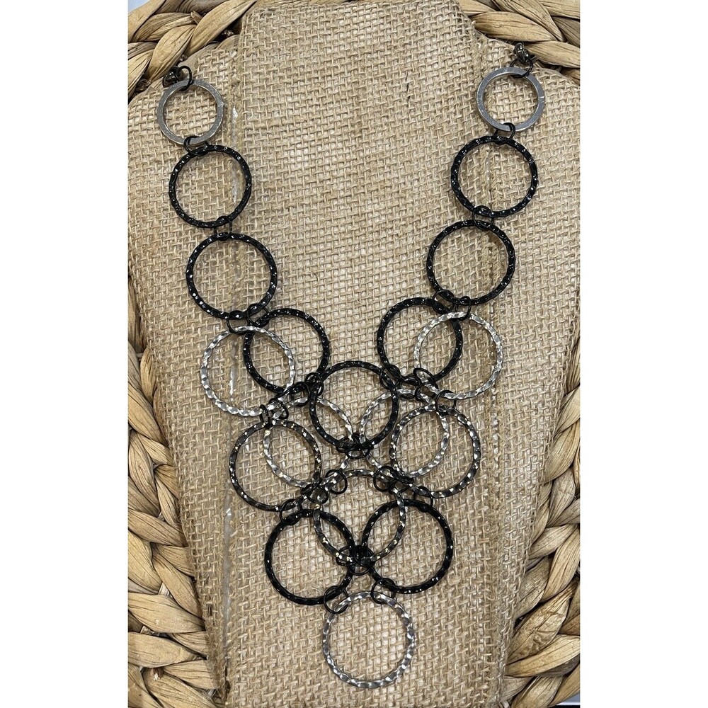 Modernist Hammered Circle Collar Torque Necklace Black Silver Tone Waterfall